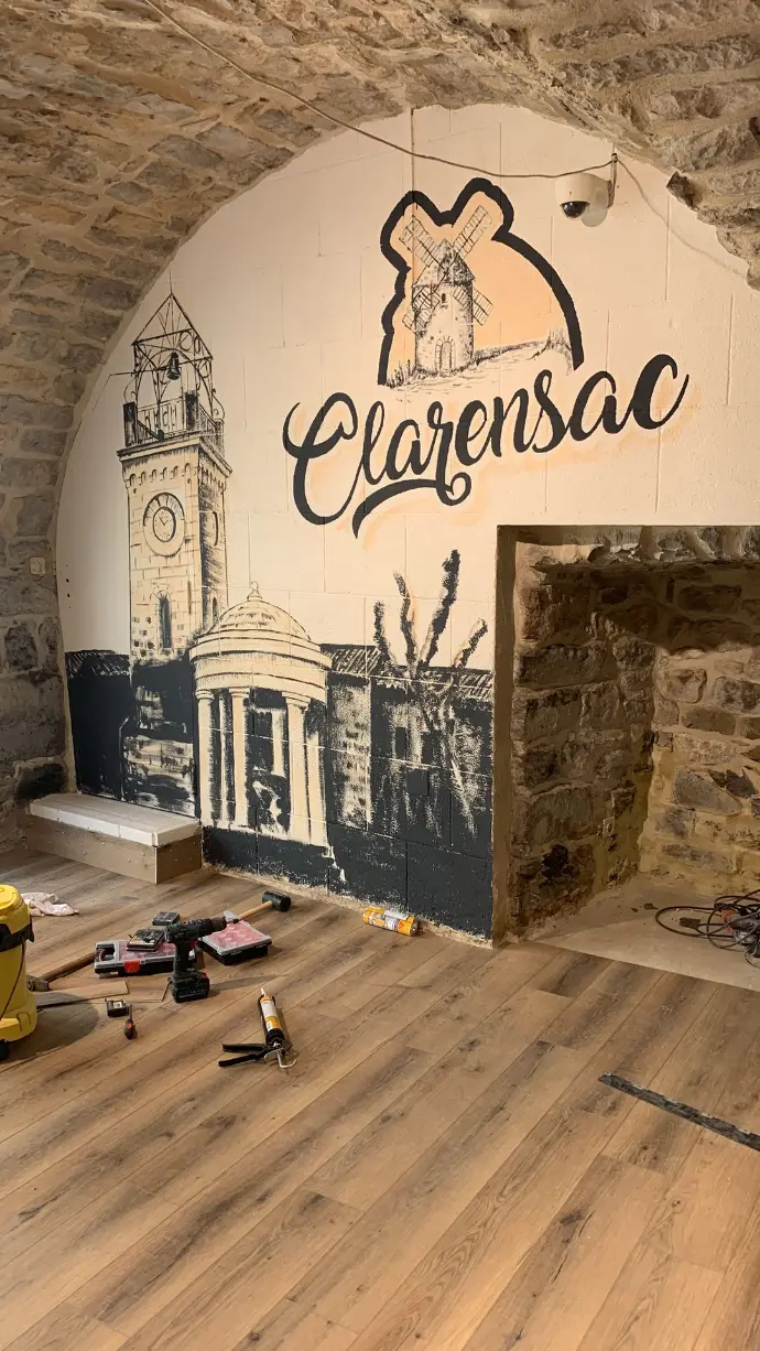 Résultat de la fresque décorative qui illustre les monuments emblématiques du village de clarensac